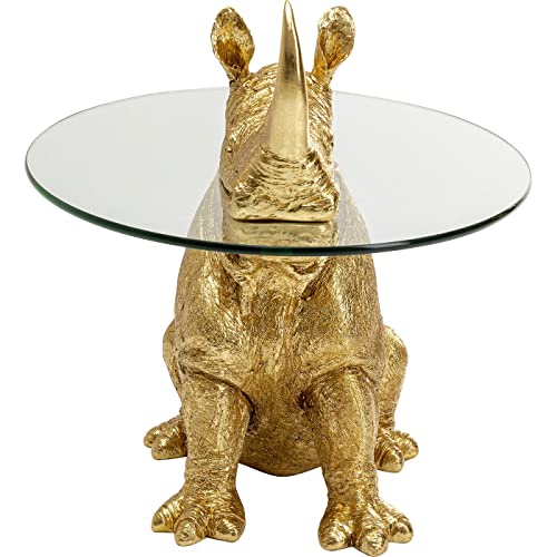 Kare Design Beistelltisch Sitting Rhino, Gold, Runder Couchtisch mit Tierfigur, Nashorn, Glasplatte, 55x65x49 cm (H/B/T)