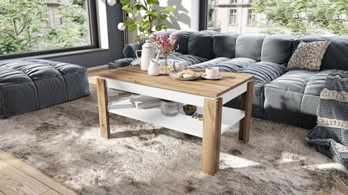 Design Couchtisch Tisch Asti-P höhenverstellbar 55-67cm Esstisch, Farbe:Eiche Wotan - Weiß matt