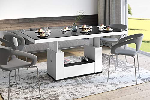 Design Couchtisch Tisch HM-111 Schwarz/Weiß Hochglanz Schublade höhenverstellbar ausziehbar Esstisch