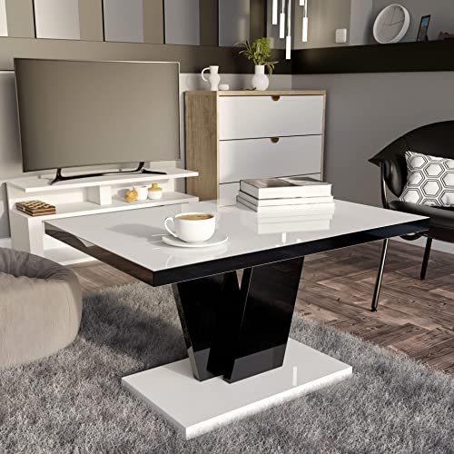 Design Couchtisch MA-222 Hochglanz Tisch 90x60x50cm, Farbe:Weiß Hochglanz - Schwarz Hochglanz