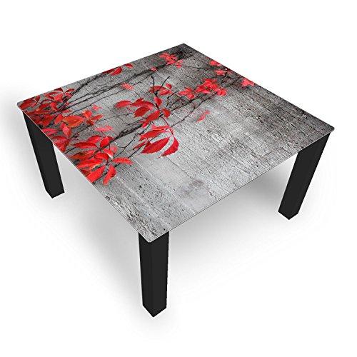 DEKOGLAS Couchtisch 'Efeu Rot' Glastisch Beistelltisch für Wohnzimmer, Motiv Kaffee-Tisch 100x100 cm in Schwarz oder Weiß