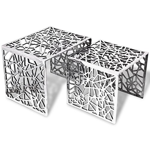 Xingshuoonline Satztisch 2er Set Beistelltisch Modern Couchtisch Quadratisch Silbern Wohnzimmertisch Aluminium 49 x 39 x 40 cm/39 x 39 x 36 cm