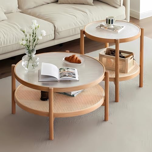 GHBXJX Couch Beistelltisch Rund Couchtisch 2er Set, Modern Wohnzimmertisch Holz Stubentisch mit Stauraum, Massivholz Coffee Table Sofa Tisch für Wohnzimmer, Eiche