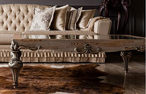 Casa Padrino Luxus Barock Couchtisch Naturfarben/Silber - Handgefertigter Massivholz Wohnzimmertisch mit Glasplatte - Barock Wohnzimmer Möbel