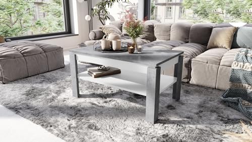 Design Couchtisch Tisch Asti-R ausziehbar mit Ablagefläche Esstisch, Farbe:Beton - Weiß matt