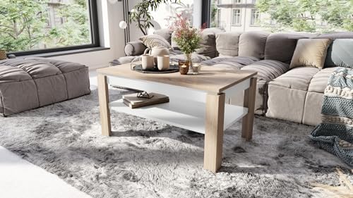 Design Couchtisch Tisch Asti-R ausziehbar mit Ablagefläche Esstisch, Farbe:Sonoma Eiche/Weiß matt