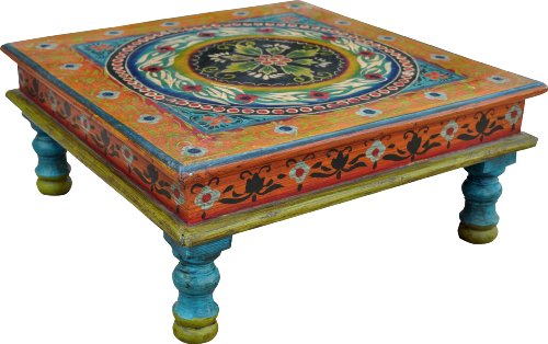 GURU SHOP Bemalter Kleiner Tisch, Minitisch, Blumenbank   Ornament Blau/gelb, Mehrfarbig, 16x38x38 cm, Kaffeetische & Bodentische