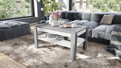 Design Couchtisch Tisch Asti-P höhenverstellbar 55-67cm Esstisch, Farbe:Beton - Weiß matt