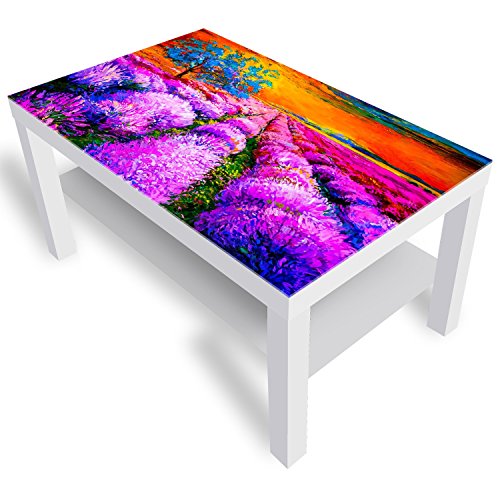 DEKOGLAS Beistelltisch Couchtisch 'Lavendelfeld' Sofatisch mit Motiv Glasplatte Kaffee-Tisch von DEKOGLAS, 90x55x45 cm Weiß