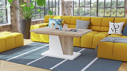 Design Couchtisch Tisch Grand Noir Sonoma Eiche/Weiß matt stufenlos höhenverstellbar ausziehbar 120 bis 180cm Esstisch