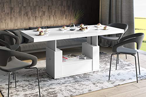 HU Design Couchtisch Tisch HM-111 Hochglanz Schublade höhenverstellbar ausziehbar Esstisch (Weiß Hochglanz)