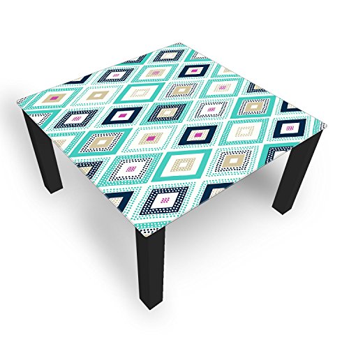 DEKOGLAS Couchtisch 'Diamanten Türkis' Glastisch Beistelltisch für Wohnzimmer, Motiv Kaffee-Tisch 100x100 cm in Schwarz oder Weiß