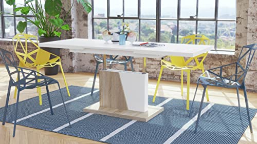 Mazzoni Design Couchtisch Tisch Grand Noir stufenlos höhenverstellbar ausziehbar 120 bis 180cm Esstisch (Weiß matt/Sonoma Eiche)