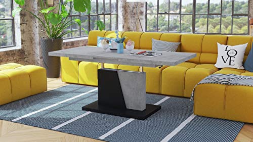 Mazzoni Design Couchtisch Tisch Grand Noir stufenlos höhenverstellbar ausziehbar 120 bis 180cm Esstisch (Beton/Schwarz matt)