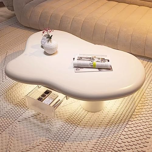 LED-Wolken-Couchtisch, unregelmäßiger Cartoon-Teetisch für den Innenbereich mit 1 Schubladen, moderner runder Eck-Beistelltisch aus massivem Holz für Wohnzimmer und Schlafzimmer