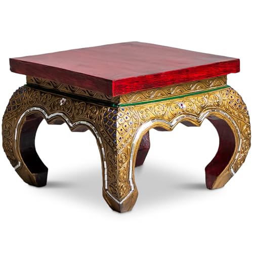 livasia Opiumtisch mit Glasmosaikverzierungen, Beistelltisch aus Holz, Nachttisch, asiatischer Hocker, Podest (36cm)