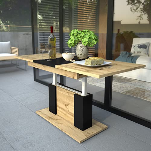 Design Couchtisch Tisch DP-1 Eiche Wotan - Schwarz matt höhenverstellbar ausziehbar Esstisch
