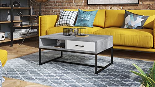 Design Couchtisch Tisch Nyx Wohnzimmertisch mit Schublade 60x90x40cm Ablage Stauraum, Farbe:Beton/Weiß matt