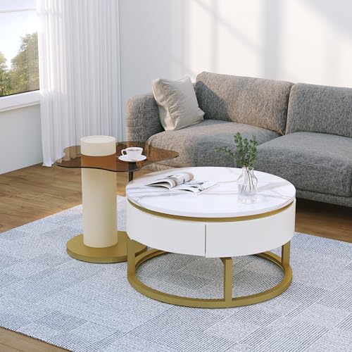 Merax 2-teiliger Couchtisch Rund Beistelltisch Vielseitiges Design mit Marmoroptik und Glasoberfläche 360° drehbar wohnzimmertisch couchtisch weiß sofatisch Coffee Table Couch Tisch beistelltische