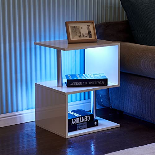 OFCASA 2 Etagen Couchtisch mit verstellbaren LED-Lichtern, Weiß, Hochglanz, Holz, Beistelltisch für Wohnzimmer, Sofa, 45 x 38 x 58 cm