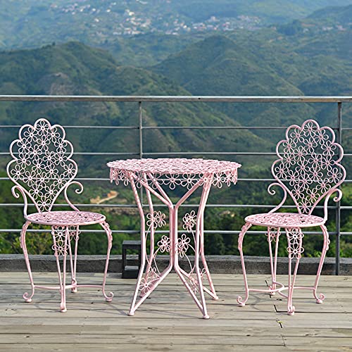 FACAIAU 3-teilige Outdoor-Tische und -Stühle im Bistro, Garten-Metalltische und -stühle, rostfreie Terrassenmöbel, Balkon-Gesprächsset, Freizeitsitz, Anti-Rost-Rasenstuhl, runder Tisch (Rosa 3)