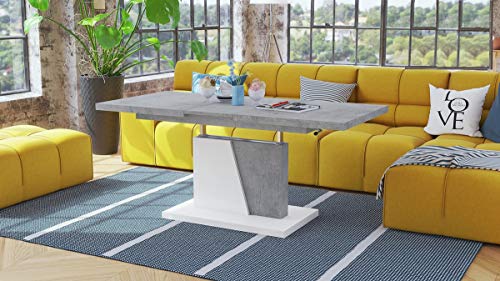 Mazzoni Design Couchtisch Tisch Grand Noir stufenlos höhenverstellbar ausziehbar 120 bis 180cm Esstisch (Betonoptik/Weiß matt)