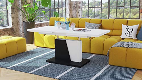 Design Couchtisch Tisch Grand Noir stufenlos höhenverstellbar ausziehbar 120 bis 180cm Esstisch (Weiß Matt/Schwarz Matt)