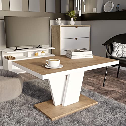 Design Couchtisch MA-222 Hochglanz Tisch 90x60x50cm, Farbe:Eiche Lancelot - Weiß matt