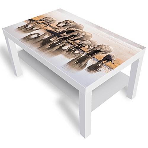 DekoGlas Beistelltisch Couchtisch 'Elefanten-Familie' Sofatisch mit Motiv Glasplatte Kaffee-Tisch, 90x55x45 cm Weiß
