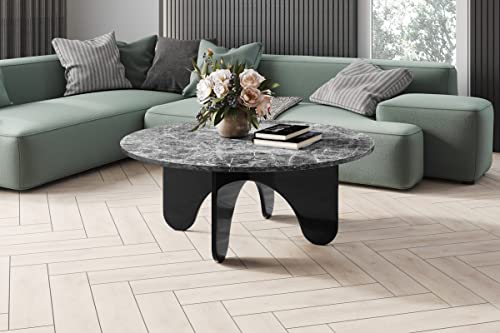 Design Couchtisch HRL 111 Hochglanz Wohnzimmertisch Highgloss Rund Tisch ?100 cm x 40 cm, Farbe:Marmor dunkel/Schwarz Hochglanz
