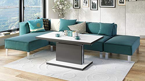 Design Couchtisch Tisch Aston Weiß matt/Anthrazit Grau matt stufenlos höhenverstellbar ausziehbar 120 bis 200cm Esstisch