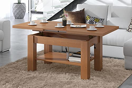 Design Couchtisch Tisch Astoria Erle stufenlos höhenverstellbar 59,5-71,5cm ausziehbar 110-150cm mit Ablagefläche Esstisch