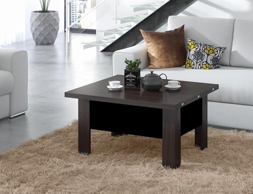 Design Couchtisch Tisch Oslo höhenverstellbar 49 / 76cm aufklappbar 80 / 160cm Esstisch, Farbe:Walnuss Wenge - Schwarz matt