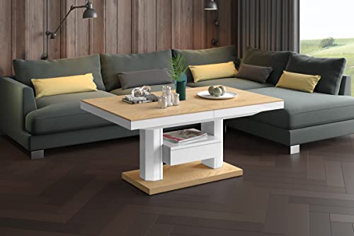 Design Couchtisch Tisch mit Schublade HM-120 Hochglanz stufenlos höhenverstellbar ausziehbar Esstisch, Farbe:Eiche Natur - Weiß Hochglanz