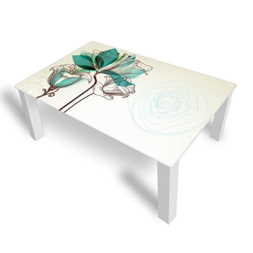 DEKOGLAS Couchtisch 'Blumen Türkis' Glastisch Beistelltisch für Wohnzimmer, Motiv Kaffee-Tisch 112x67 cm in Schwarz oder Weiß