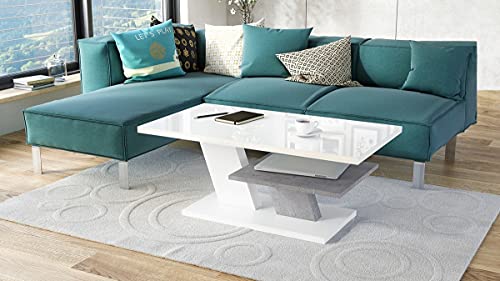 Mazzoni Design Couchtisch Tisch Cliff Wohnzimmertisch 110x60x45cm mit Ablagefläche (Weiß Hochglanz/Betonoptik)