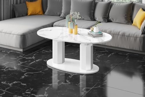 Design Couchtisch HBL-111 Tisch stufenlos höhenverstellbar ausziehbar oval Esstisch, Farbe:Marmor Natur Hochglanz - Weiß Hochglanz