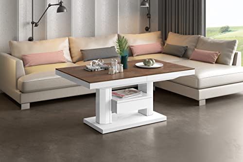 Design Couchtisch Tisch mit Schublade HM-120 Hochglanz stufenlos höhenverstellbar ausziehbar Esstisch, Farbe:Rostoptik matt - Weiß Hochglanz