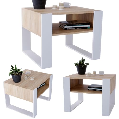 CraftPAK Wohnzimmer Tisch für Couch aus hochwertigem Holz, Stabiler & moderner Couchtisch mit zusätzlicher Ablagefläche, Farbe Bardolino-Weiß