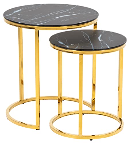 AC Design Furniture Antje Satztische aus Glas, rund mit goldenem Gestell, Tischplatte in schwarzer Marmoroptik, Couchtisch 2er Set, schwarzer Glas-Beistelltisch, Wohnzimmer Couchtisch Glas