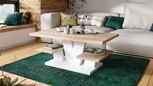 Design Couchtisch Viva Tisch Wohnzimmertisch 110x60x45 cm Ablagefläche, Farbe:Sonoma Eiche - Weiß matt