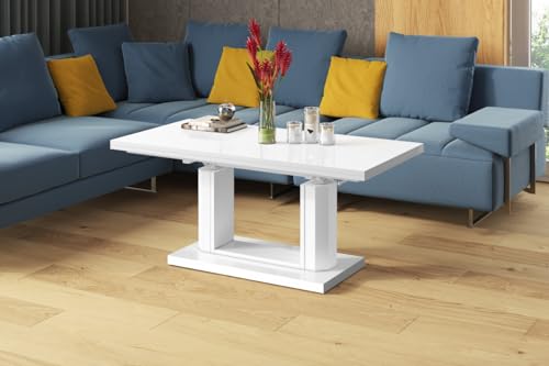 Design Couchtisch HAC-111 stufenlos höhenverstellbar aufklappbar Tisch, Farbe:Weiß Hochglanz