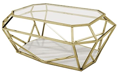 Casa Padrino Luxus Couchtisch Gold/Weiß 100 x 70 x H. 41 cm - Moderner Wohnzimmertisch mit Glas & Marmorplatte - Wohnzimmer Möbel