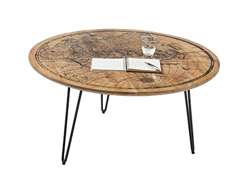 lifestyle4living Couchtisch rund Mango Massiv | Sofa-Tisch mit Metall-Gestell schwarz und Aufdruck Weltkarte | Wohnzimmertisch ca. 90 cm