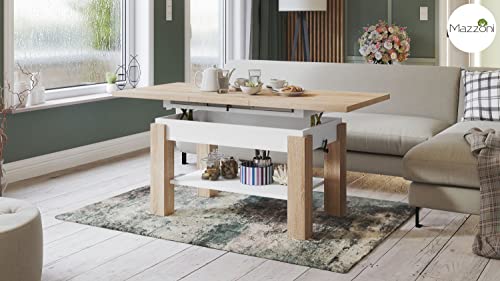 Design Couchtisch Tisch Astoria Sonoma Eiche/Weiß matt stufenlos höhenverstellbar 59,5-71,5cm ausziehbar 110-150cm mit Ablagefläche Esstisch