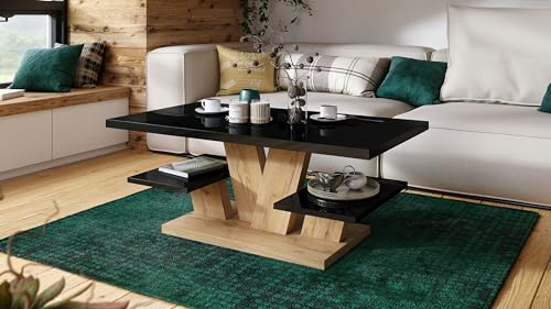 Design Couchtisch Viva Tisch Wohnzimmertisch 110x60x45 cm Ablagefläche, Farbe:Schwarz Hochglanz - Eiche Gold Craft