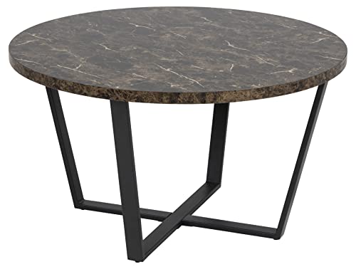 AC Design Furniture Albert runder Holz-Couchtisch, Tischplatte brauner Marmor-Look mit gekreuzten schwarzen Metallbeinen, kleiner Couchtisch, Wohnzimmer-Beistelltisch, minimalistisches Wohnzimmermöbel