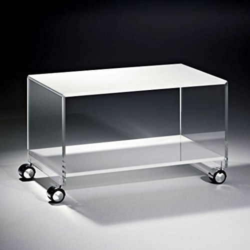 HOWE-Deko Hochwertiger Acryl-Glas Couchtisch mit 4 verchromten Rollen, Tischplatte und Unterboden weiß, Seiten klar, 63 x 38 cm, H 40 cm, Acryl-Glas-Stärke 12 mm