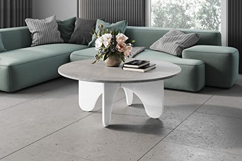 Design Couchtisch HRL-111 Hochglanz Wohnzimmertisch Highgloss Rund Tisch ?100 cm x 40 cm, Farbe:Beton - Weiß Hochglanz