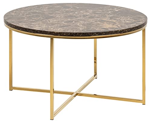 AC Design Furniture Antje Couchtisch Rund aus Holz mit Marmoroptik in Braun mit Gekreutzem Metallsockel in Gold , Ø: 80 x H: 46 cm, Wohnzimmertisch Braun und Gold, Sofatisch für das Wohnzimmer